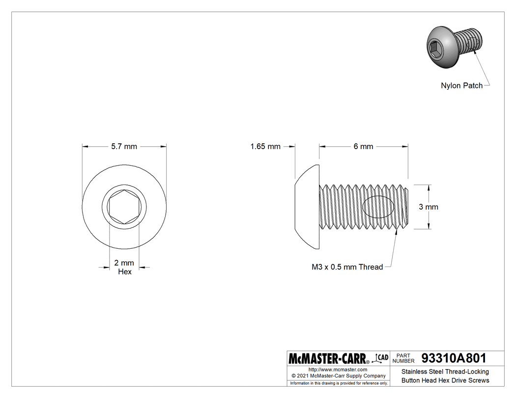 Technical Drawing of Stainless Steel Thread-Locking Button Head Hex Drive Screws, M3 x 0.5 mm, 6 mm Long.